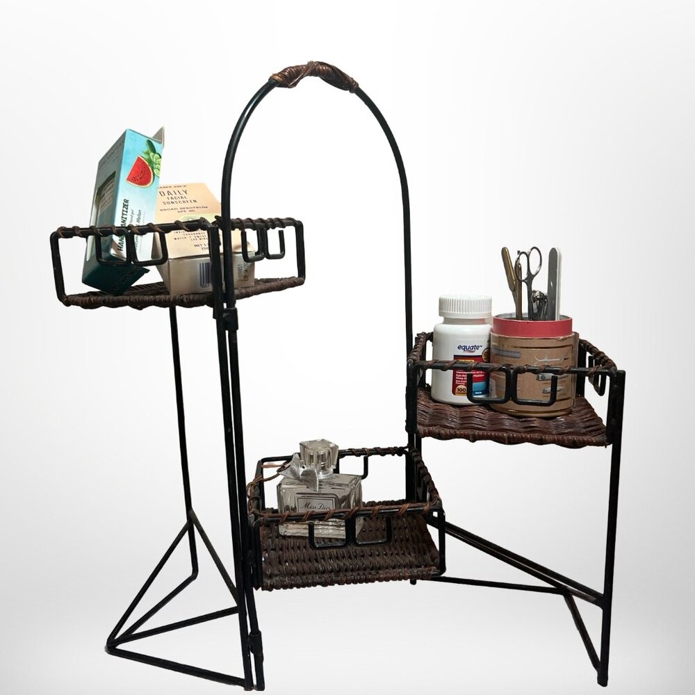 Wicker & Iron Swing Arm Collapsible Small Bathroom Organizer Plant Stand Vintage